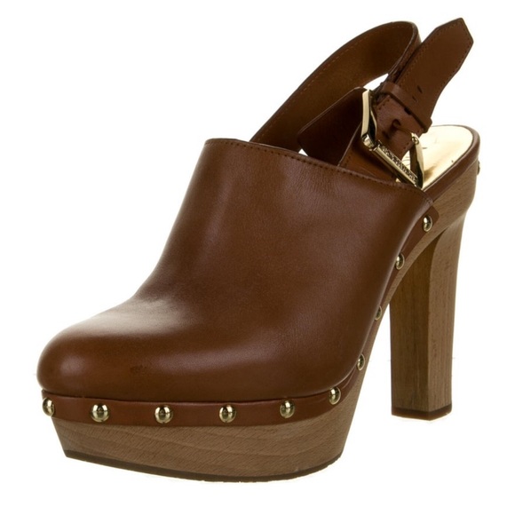 Michael Kors Brown Genuine Leather Wooden Slingback Clogs Size 8 - Picture 2 of 5